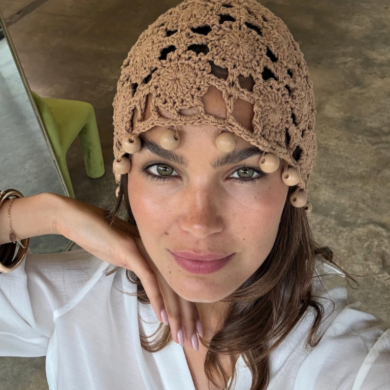 Boho Crochet Beanie with Floral Detailing & Wooden Beads