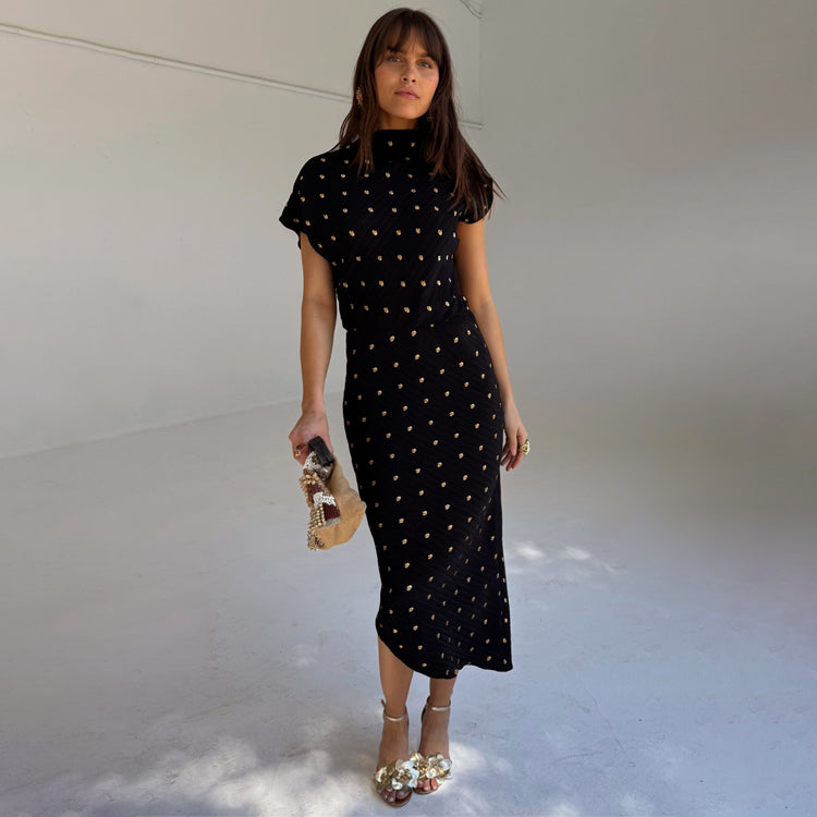 Black Plisse Desiree Dress - Asymmetric Wedding Guest Dress with Elastic Waist