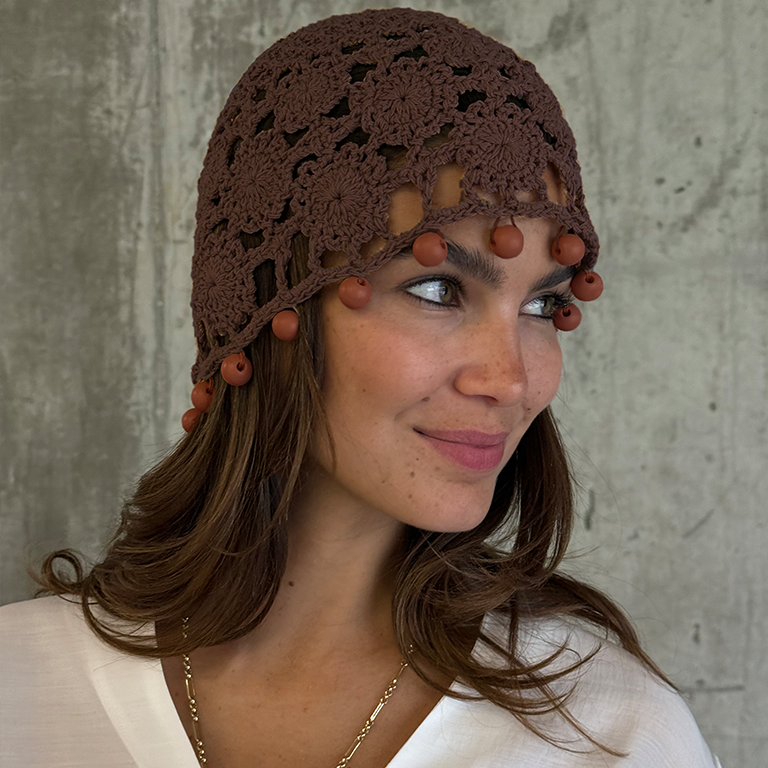 Boho Floral Crochet Beanie with Wooden Beads - Cotton Handmade