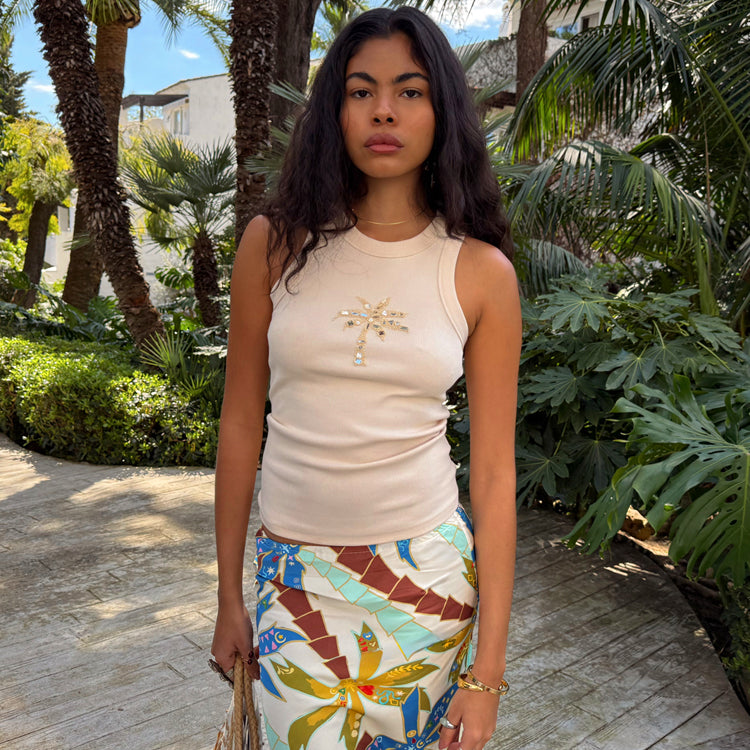 Beaded Palm Tank Top - Embroidered Logo & Ribbed Viscose