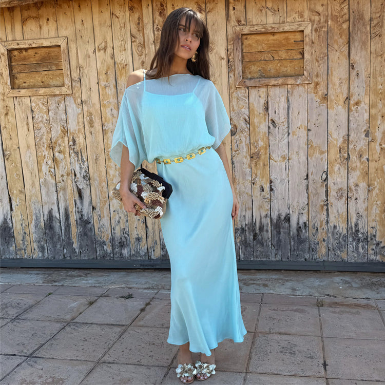 Blue Off-Shoulder Chiffon Dress with Satin Skirt