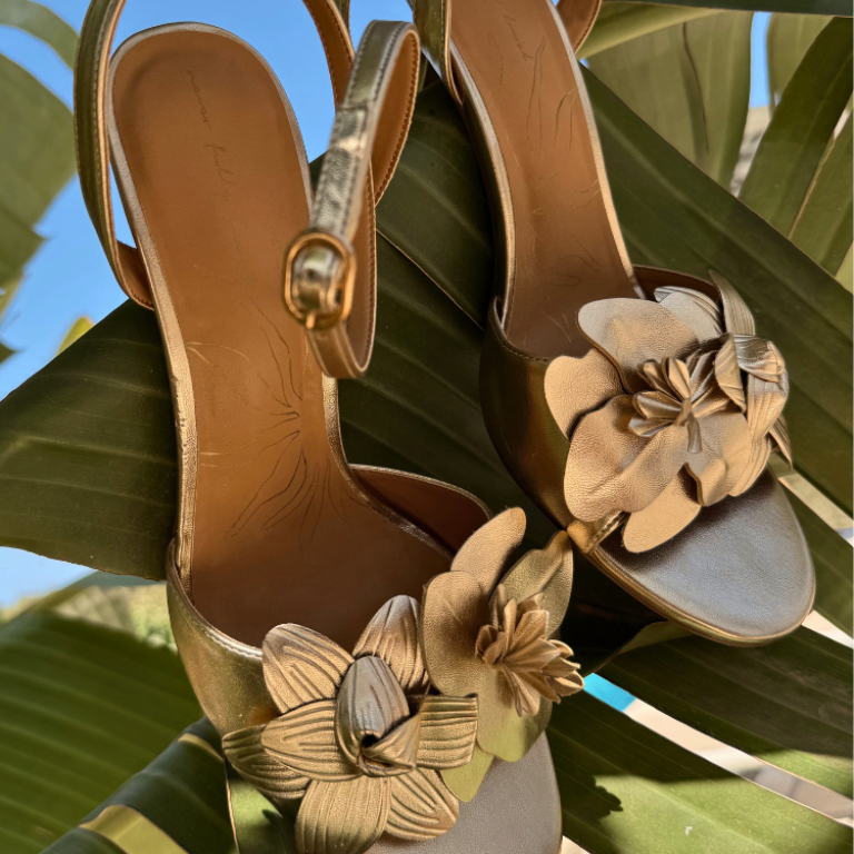 Gold Strappy Heels with 3D Flower Detail - 9.5cm Heel