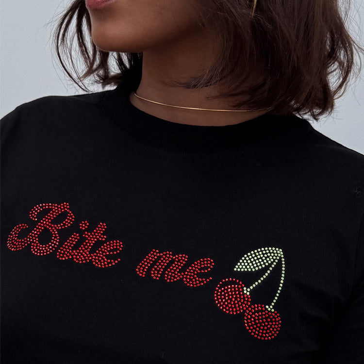 Bite Me Baby T-Shirt - Black Cotton Tee for Women