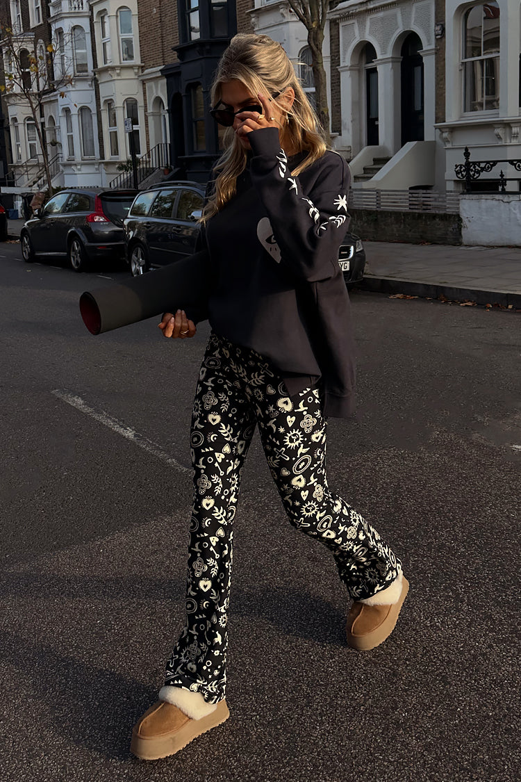 Hope Flare Leggings - Charcoal Print, Stretchy & Ruching Waistband