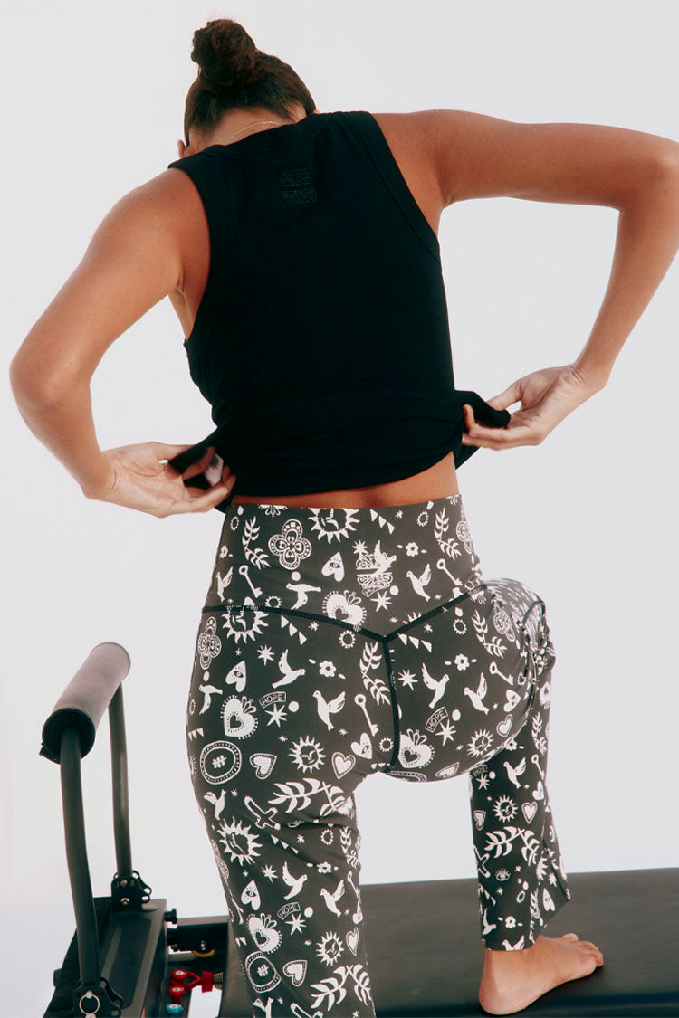 Hope Flare Leggings - Charcoal Print, Stretchy & Ruching Waistband