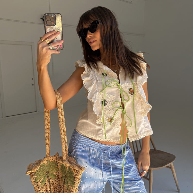 NFD Women's Cotton Linen Embroidered Tia Top with Lace Trim