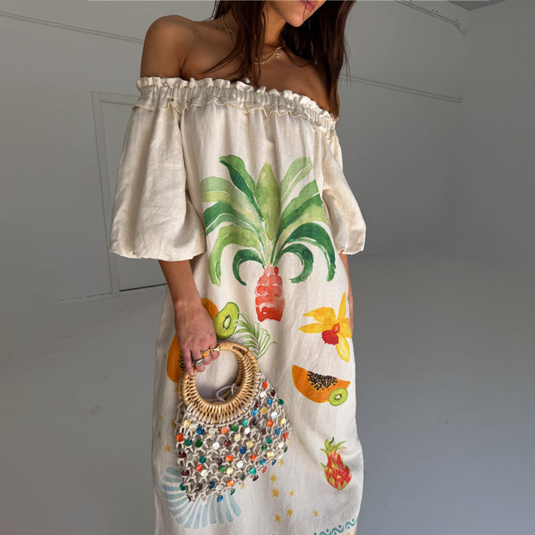 Rio Linen Maxi Dress with Tropical Print & Side Pockets