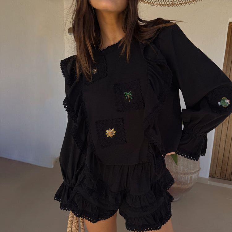 Black Isla Cotton Blend Top with Ruffles & Lace Trim – NFD