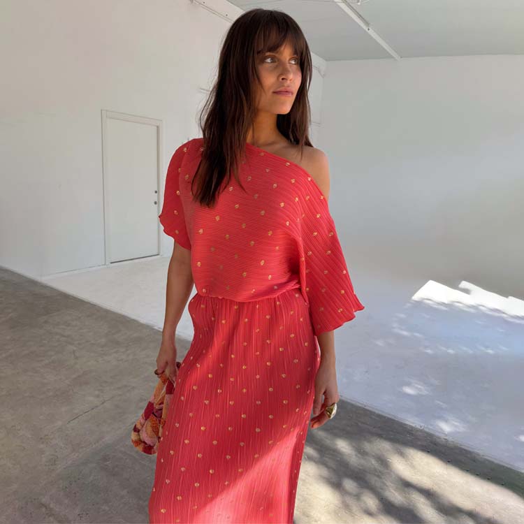Coral Off Shoulder Plisse Maternity Dress with Elastic Waist