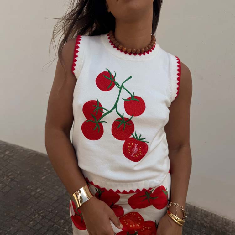 Tomato Print Knit Tank Top - Cream Summer Vest for Women