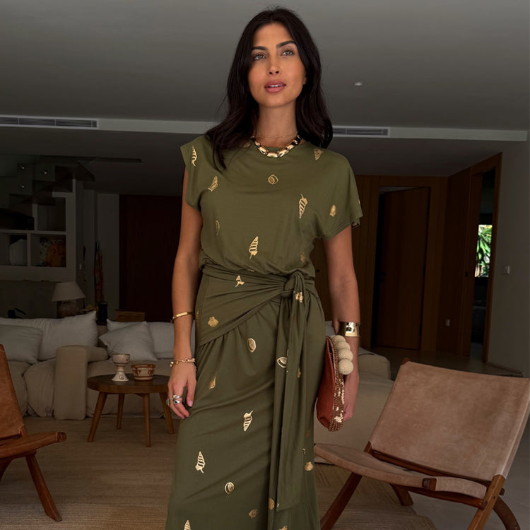 Khaki Seashell Print Midi Dress - Stretch Viscose Beachwear