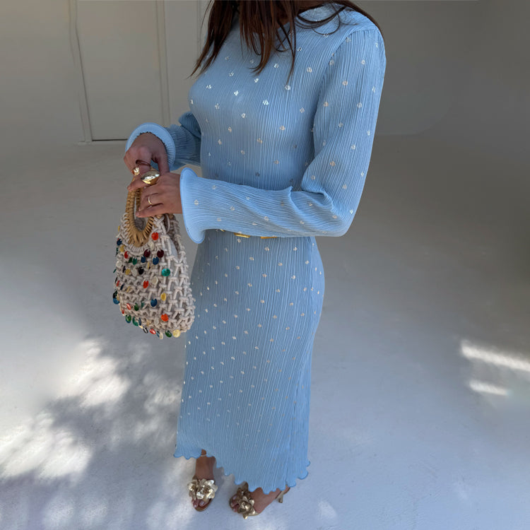 Blue Plisse Chloe Dress for Wedding Guest - Tie Waist Belt & Structured Cuffs
