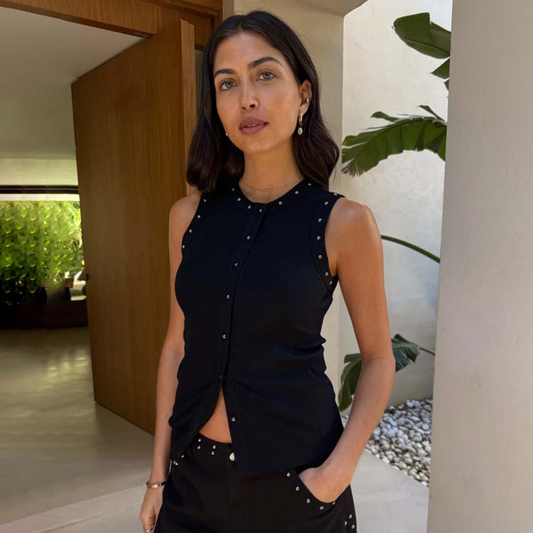 Black Studded Button-Up Tank Top - Ribbed Cotton Blend