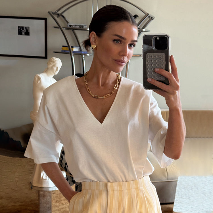 White Cotton V-Neck T-Shirt with Shoulder Pads