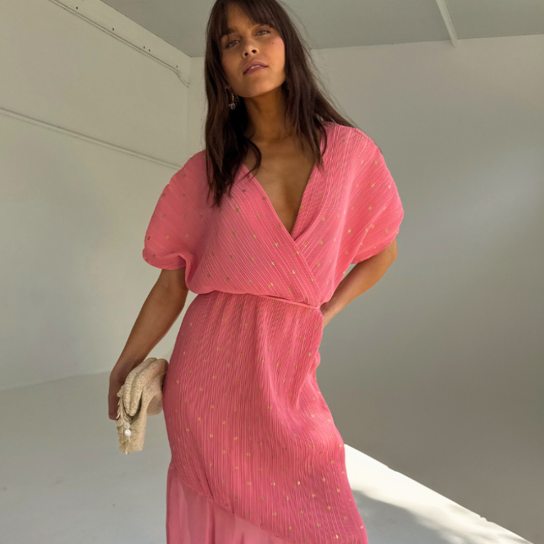 Pink Plisse Fifi Dress with V-Neck & Asymmetric Hem