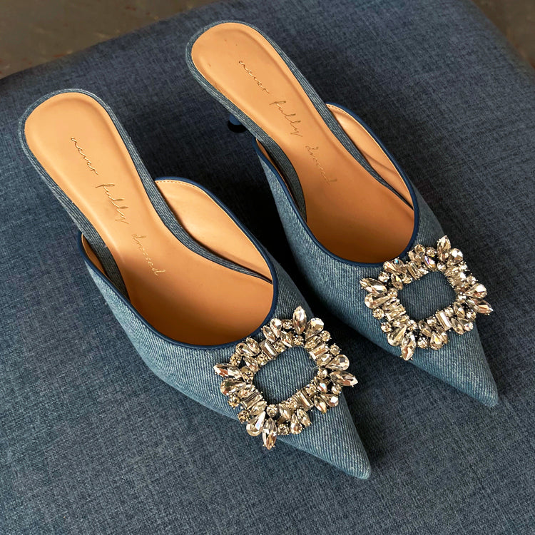 Embellished Denim Mules with Sparkly Buckle & Kitten Heel
