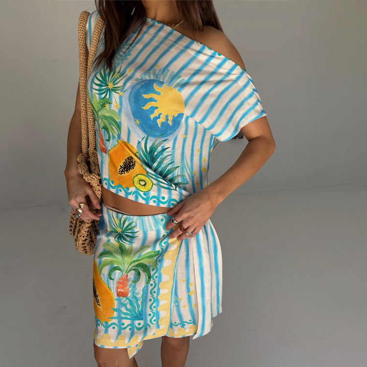Rio Stripe Boxy Top - Tropical Print Loose Fit Blouse - EcoVero Viscose
