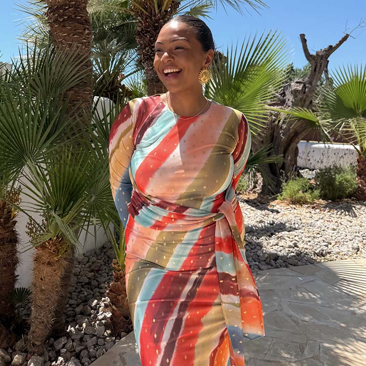 Sunset Stripe Mesh Wrap Midi Dress with Tie Waist