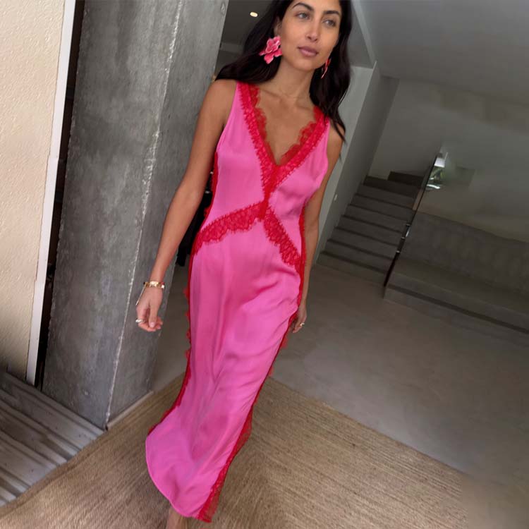 Pink and Red Lace Clio Dress for Women - Viscose Summer Dress
