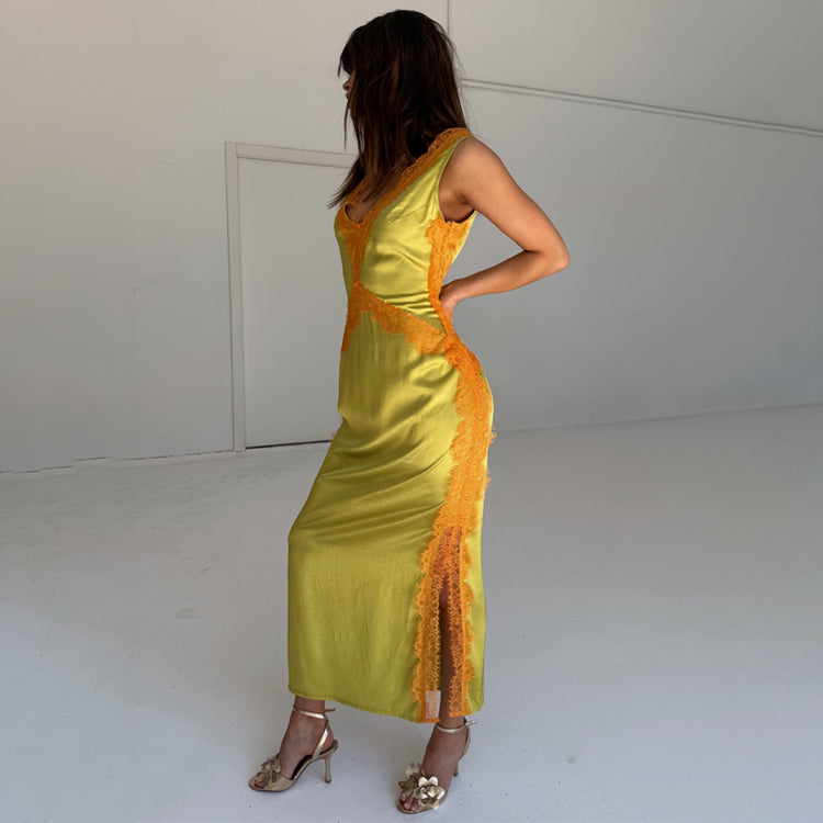 Olive Green Lace Midi Dress with Orange Accents