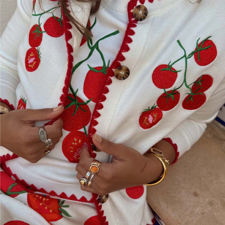 Tomato Print Embroidered Cardigan - Soft Knit Cream Sweater
