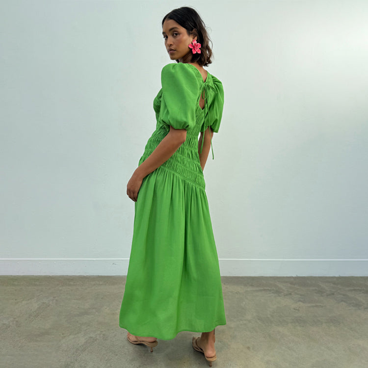 Green Shirred Pleated Dress - Adjustable Neckline & Lightweight Fabric