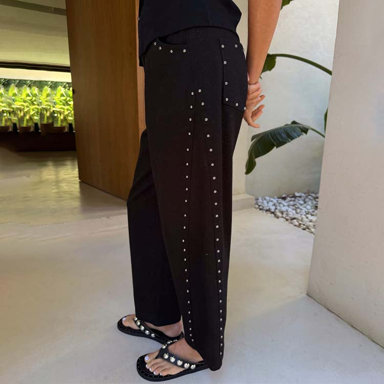 Black Studded Barrel Leg Jeans for Women | NFD Logo | Cotton Stretch