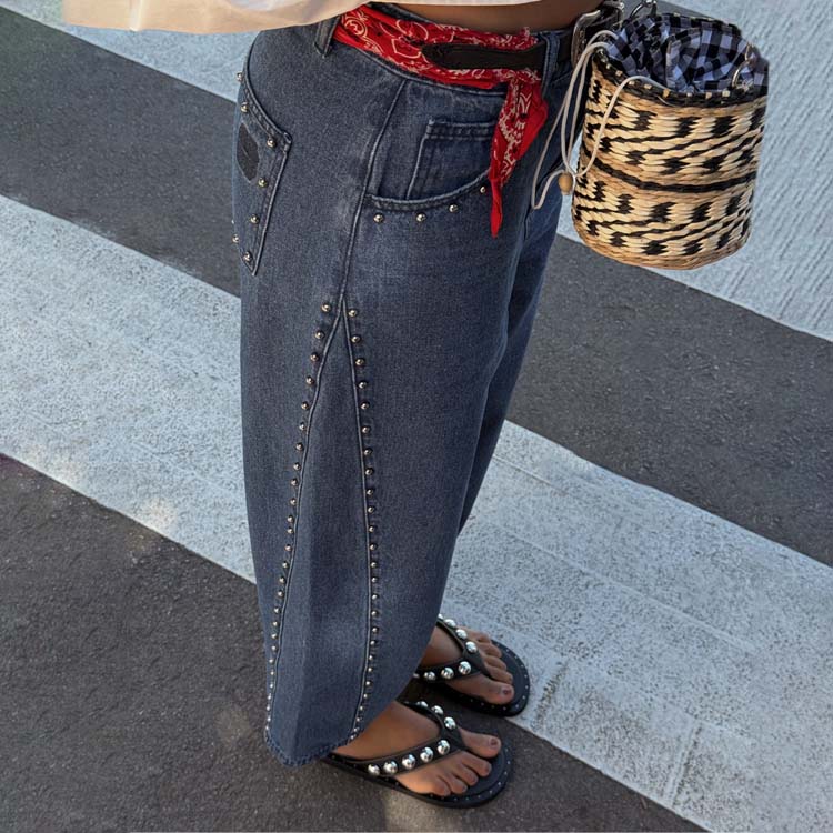 Blue Studded Barrel Jeans for Women - NFD Logo & Side Studs