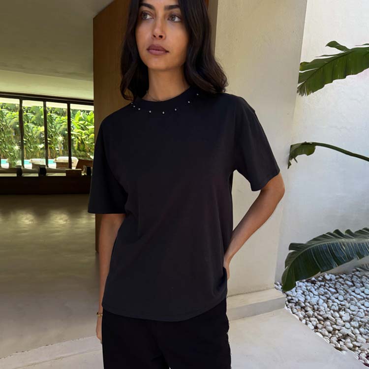 Black Studded Cotton T-Shirt with NFD Logo - Relaxed Fit