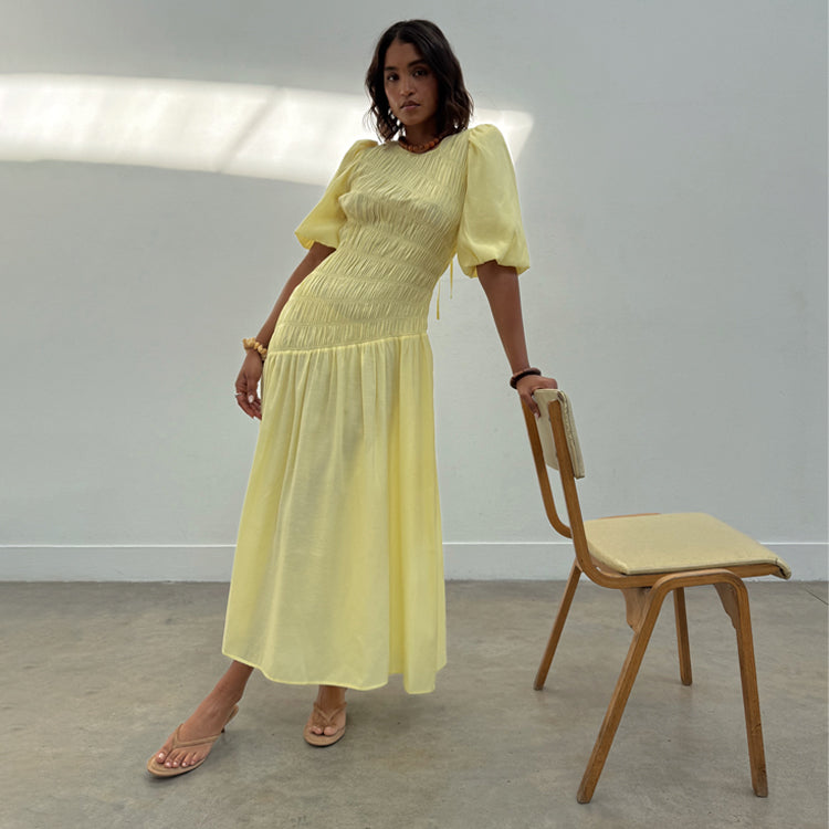 Butter Yellow Shirred Nara Dress - Lightweight Pleated Midi Dress