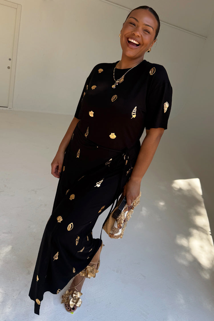 Black Wrap Tie Midi Dress - Leia Casual T-Shirt Style