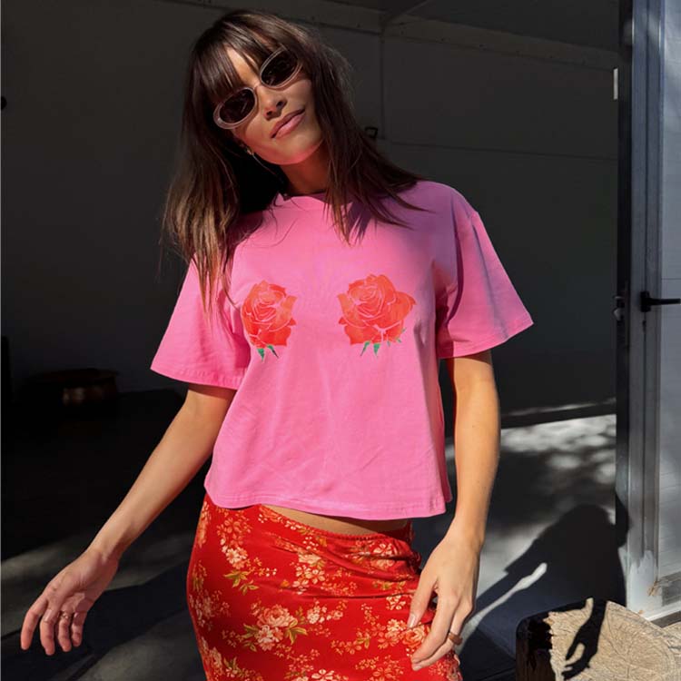 Pink Rose Print Boob Tee - Relaxed Fit Cotton T-Shirt