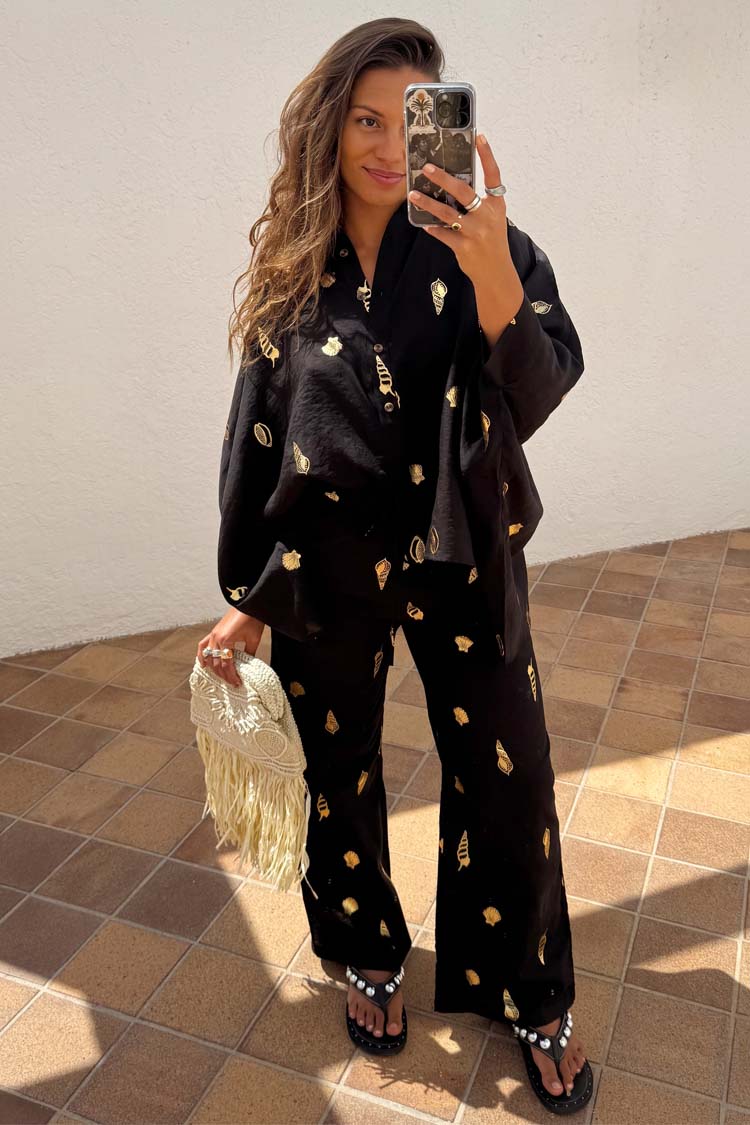 Black Cotton Linen Wide Leg Trousers with Elastic Waist