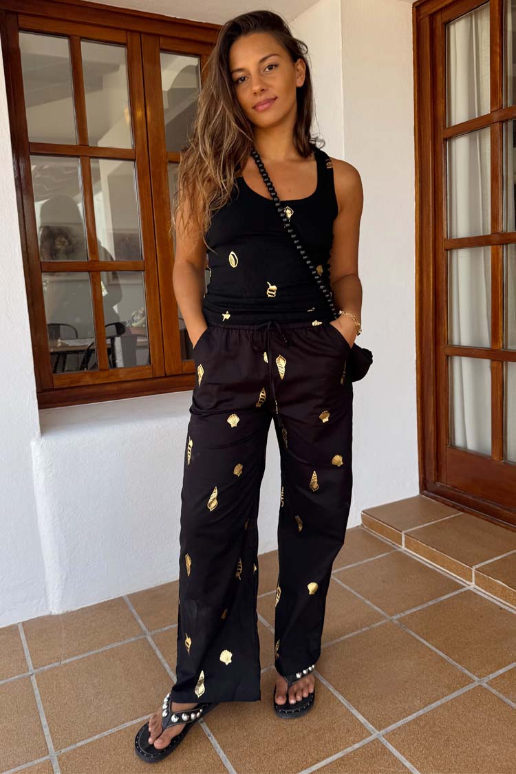 Black Cotton Linen Wide Leg Trousers with Elastic Waist