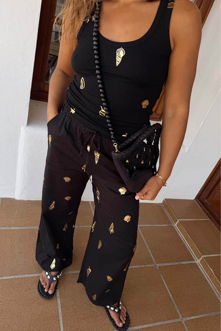 Black Cotton Linen Wide Leg Trousers with Elastic Waist