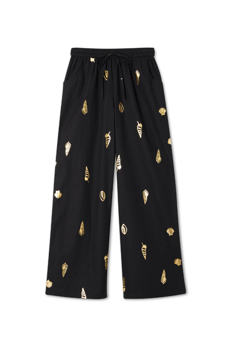 Black Cotton Linen Wide Leg Trousers with Elastic Waist