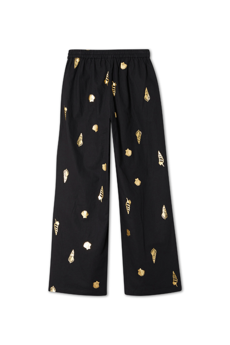 Black Cotton Linen Wide Leg Trousers with Elastic Waist