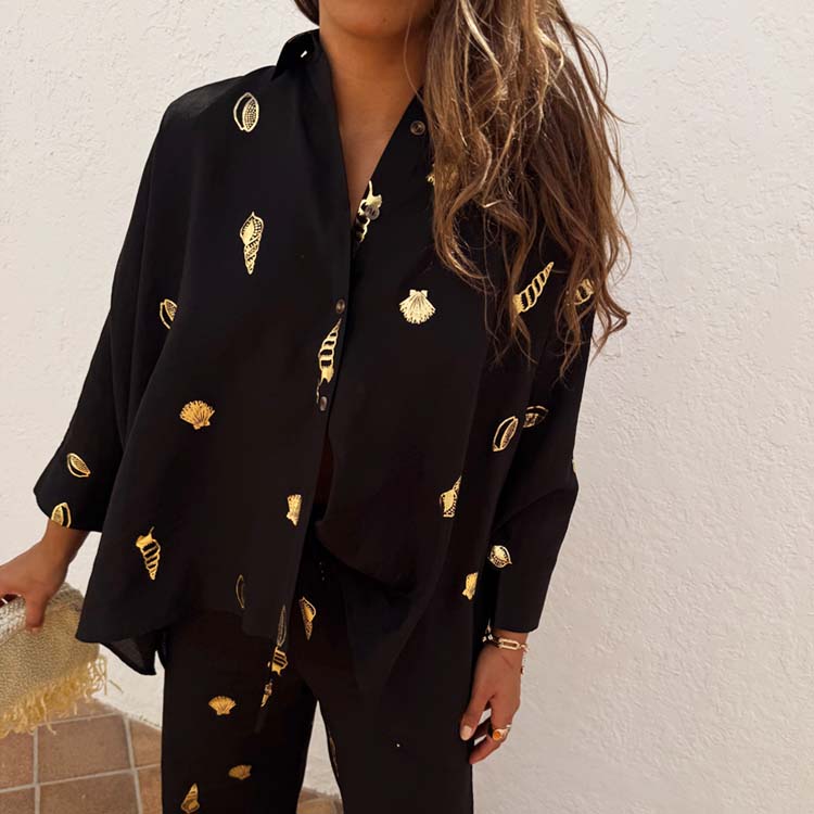 Black Shell Print Cape Shirt - Oversized Lyocell Beach Cover-Up