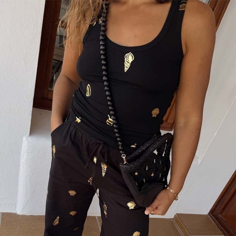 Black Shell Print Ribbed Tank Top - Metallic Gold Logo - Stretch Viscose