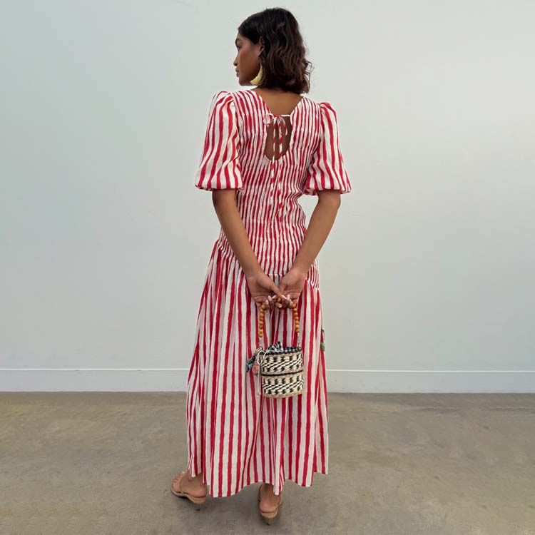 Red Stripe Nara Pleated Dress - Adjustable Neckline & Shirred Front