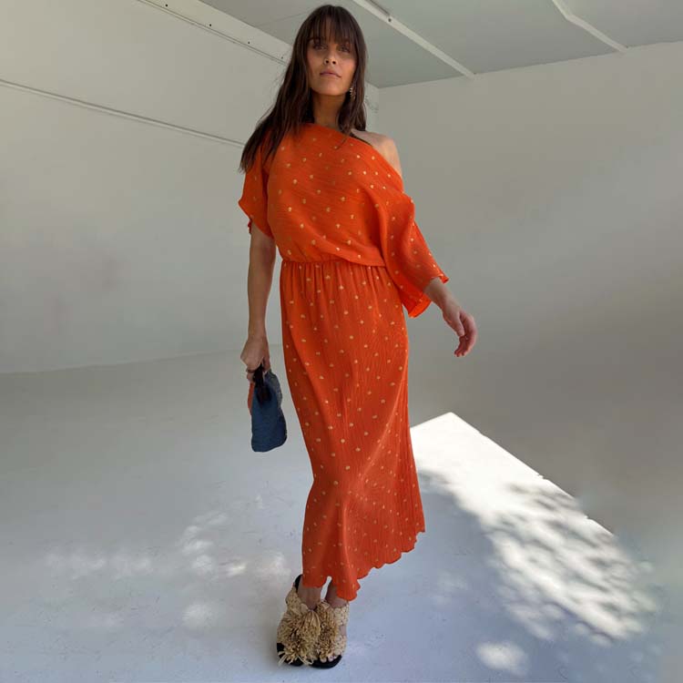 Orange Off-Shoulder Tilly Dress with Gold Fleck Print - Elastic Waist