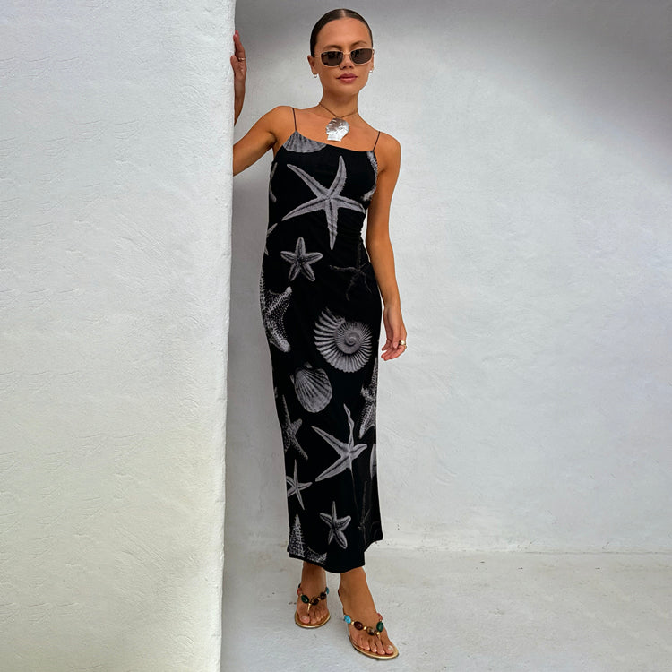 Black Mesh Seashell Print Cami Dress - Caetana