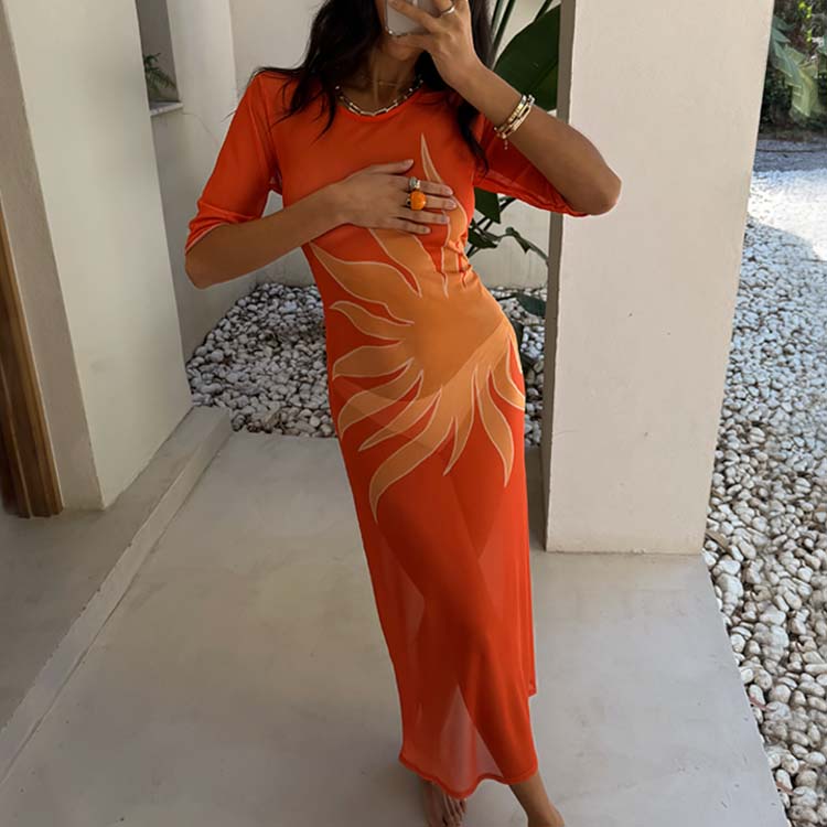 Orange Sol Izzy Dress - Flattering Stretch Mesh with Sun Print & Detachable Slip