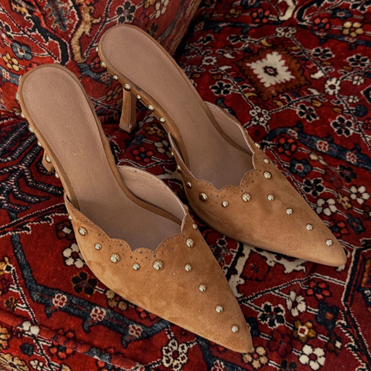 Tan Suede Scallop Mules with Gold Studs – NFD