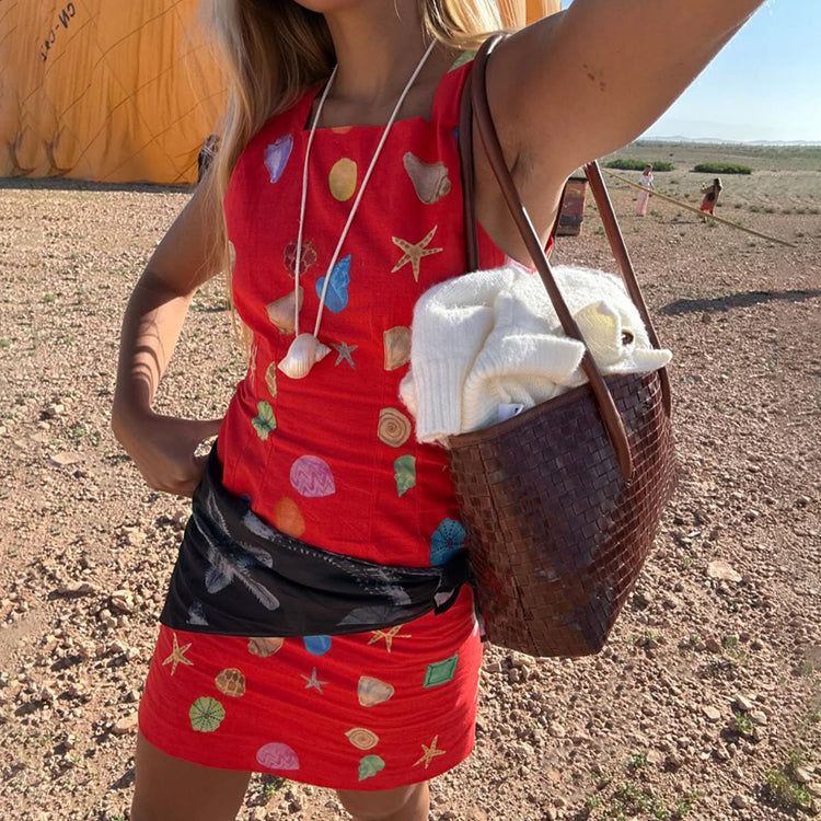 Red Shell Print Mini Dress - Cotton Linen Summer Dress with Tie Back