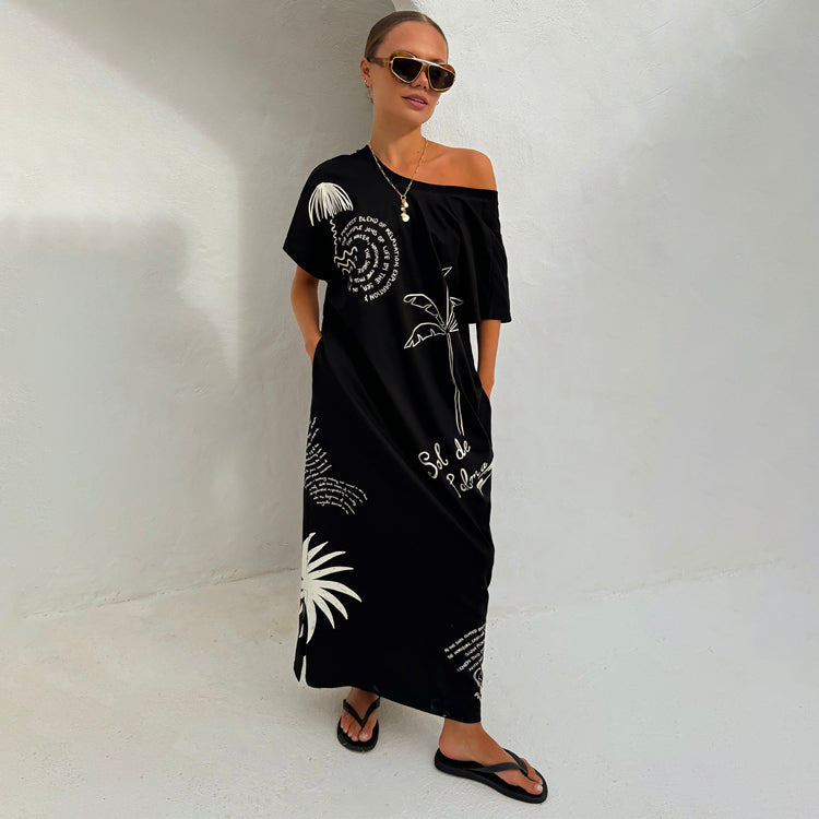 Black Cotton T-Shirt Dress for Women - Palma Poetry Maxi Dress