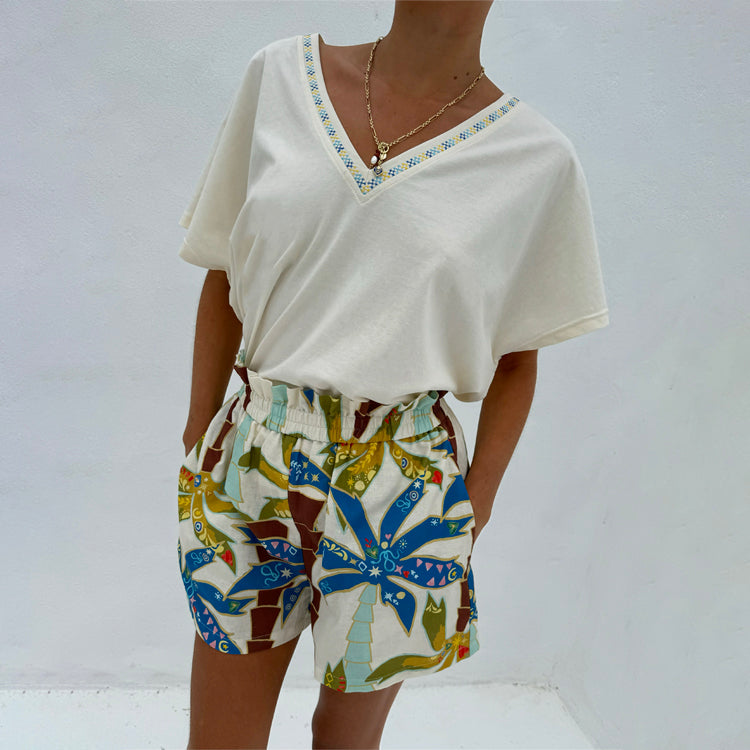 Palm Print Elissa Shorts - Cotton Linen Summer Beachwear