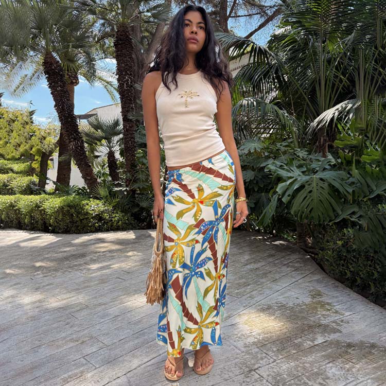 Palm Print Dorris Skirt - Elastic Waist Summer Viscose Skirt