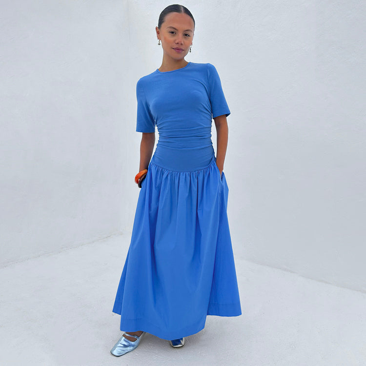 Cornflower Blue A-Line Cotton Dress for Weddings & Casual Wear