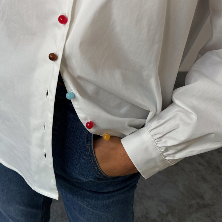White Cotton Shirt with Multi-Color Buttons & Embroidered Logo